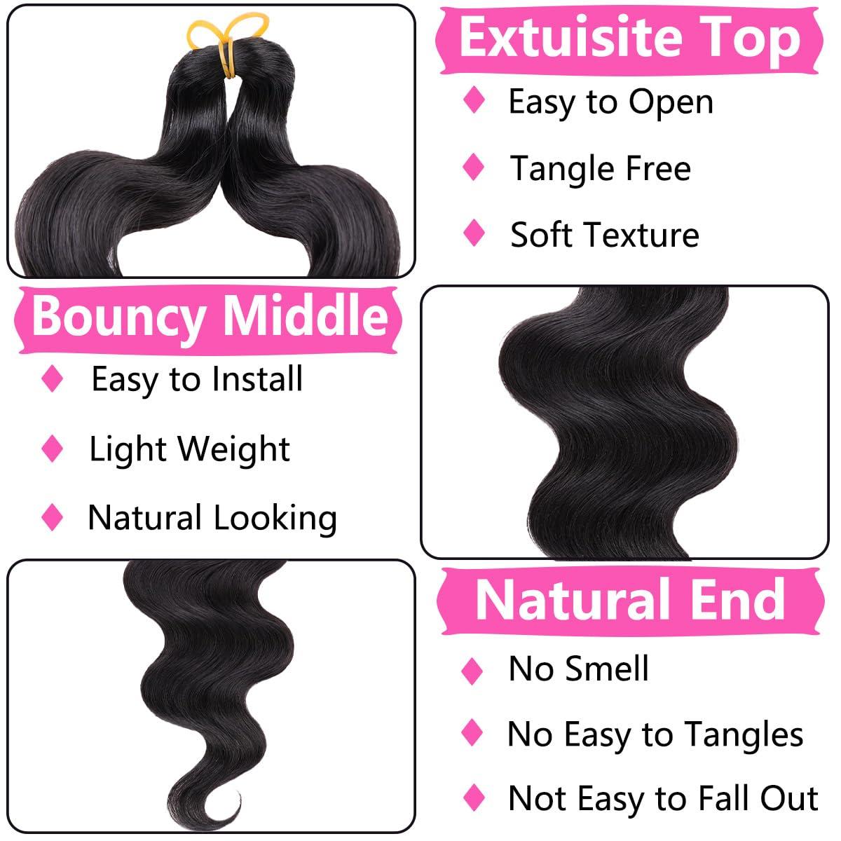 COOKOO COOKOO 3 Packs Natural Black Body Wave Braiding Hair 18 inch Pre-Feathered Braiding Hair for Boho Box Braids Bouncy Wavy Crochet Braids French Curl Crochet Braids Synthetic Hair Extensions(1B#)