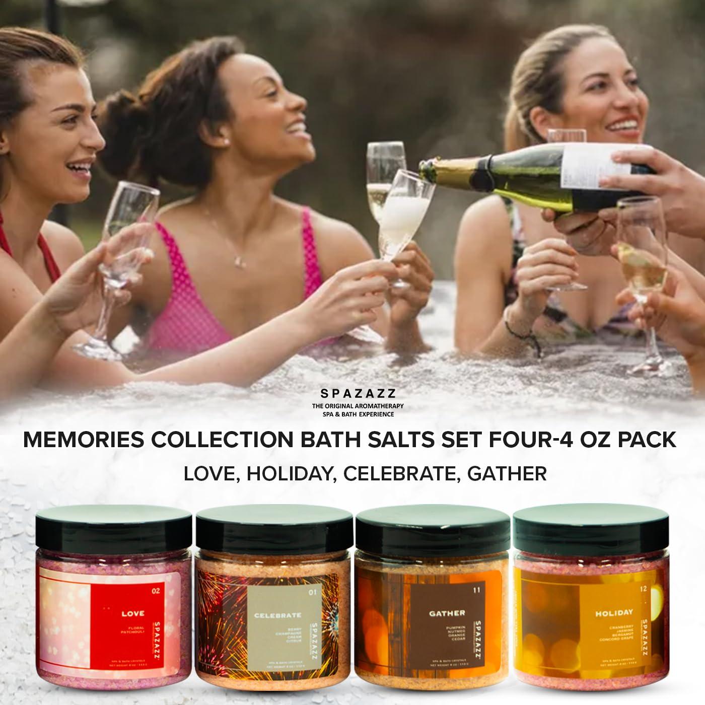 SPAZAZZ Spazazz Hot Tub Aromatherapy Memories Collection Bath Salts Set Four-4 Oz Pack - Love, Holiday, Celebrate, Gather - Spazazz Hot Tub Crystals and Bath Salts are Oil-Free & Safe for All Spas