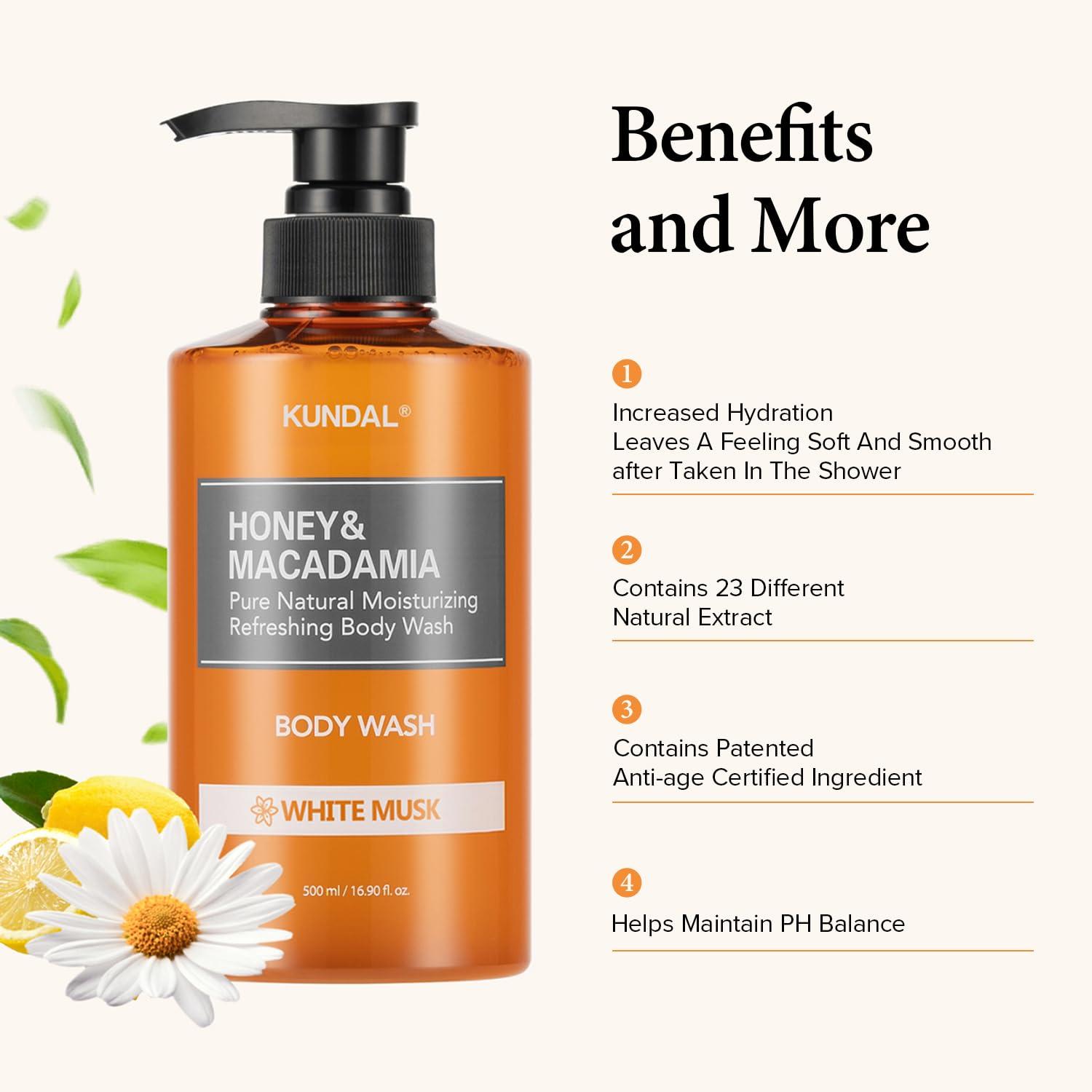 Kundal Kundal Nature Honey & Macadamia Body Wash Shower Gel [White Musk] Aloe & Coconut oil for Relaxing Shower Gel, Natural Moisturizing Clean Wash 1,000ml(500ml x2ea) 16.9Fl Oz