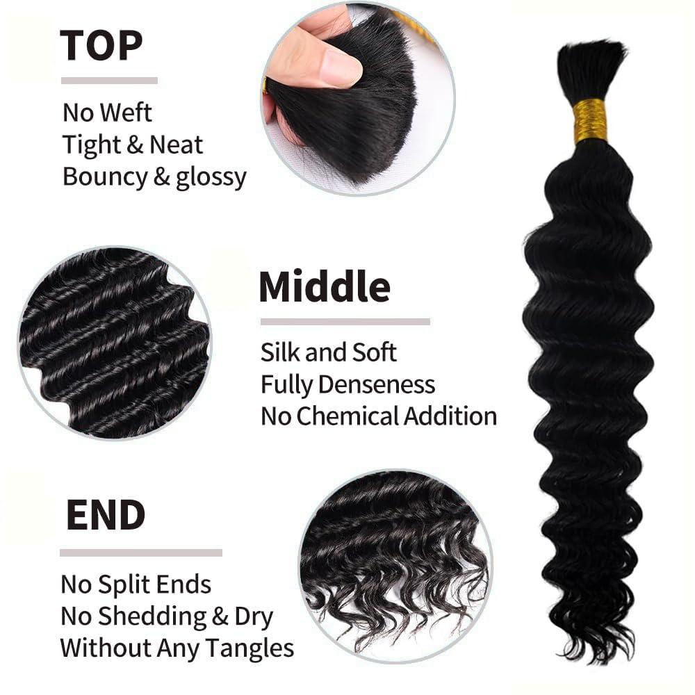 MUNONG Human Braiding Hair for Boho Braids Human Hair 100g 2 Bundles Deep Wave Bulk Human Hair for Braiding No Weft Curly Braiding Hair Bulk Hair Extensions Real Human Hair Natural Color 14 Inch