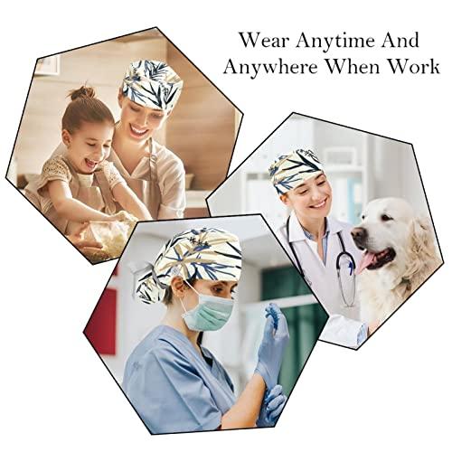 Lyetny Blue and Beige Bamboo Leaves and Flower Oriental Scrub Caps Hats Women Bouffant Working Hat Ponytail Holder for Women Long Hair Covers 2PCS