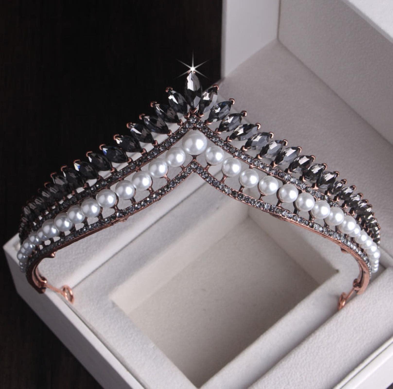 LUbrel LUbrel Hair Accessories,Tiara Wedding Crown, Baroque Black Crystal Pearl Bridal Tiaras Crown Rhinestone Pageant Diadem Bride Headband Wedding Hair Accessories-Style F