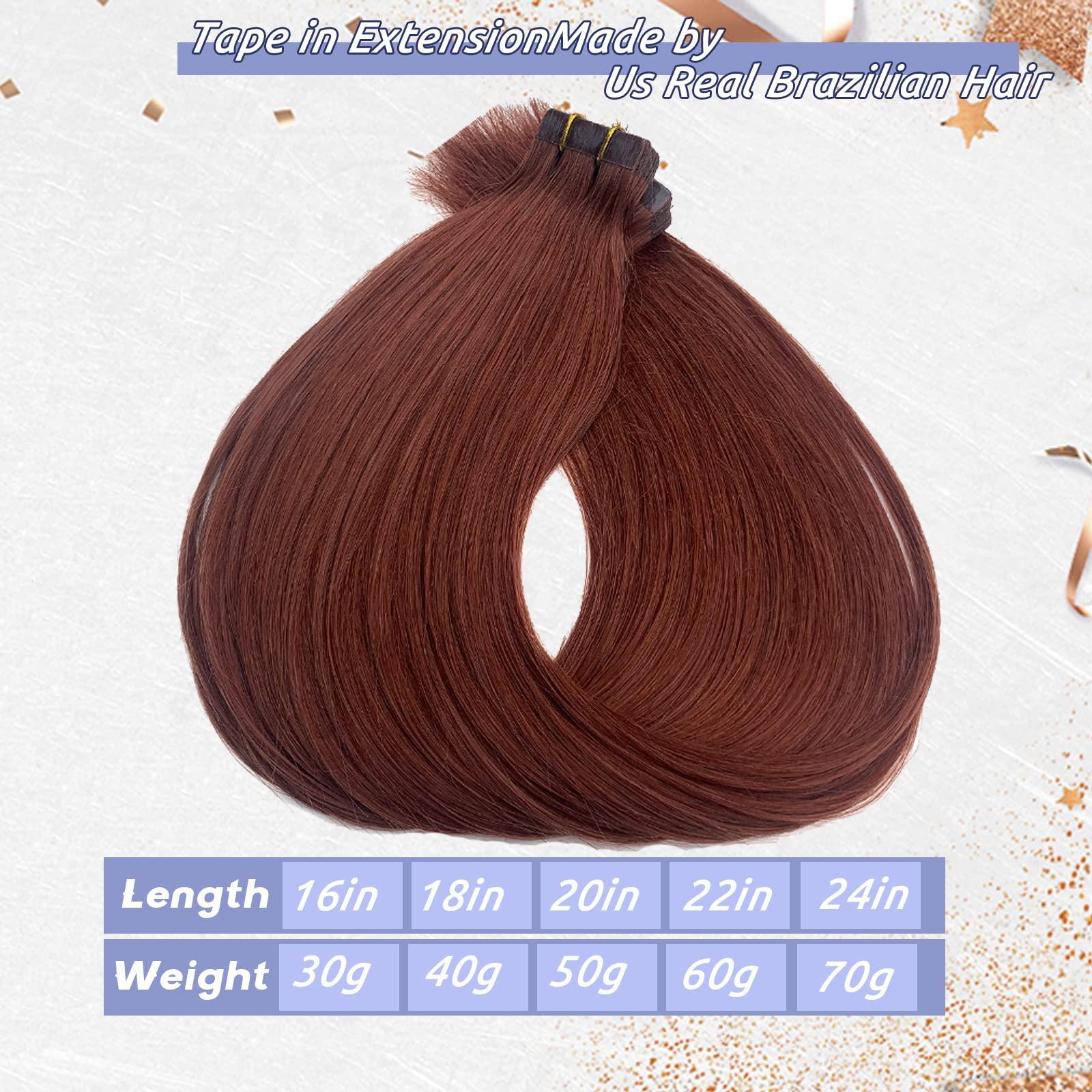 Smavida Dark Auburn Remy Tape in Hair Extensions Premium 100% Human Hair with Invisible Tape Attached Semi Permanent Hair Extensions 24Inch Silk Straight Human Hair Extensions 70grams for Girls/Women
