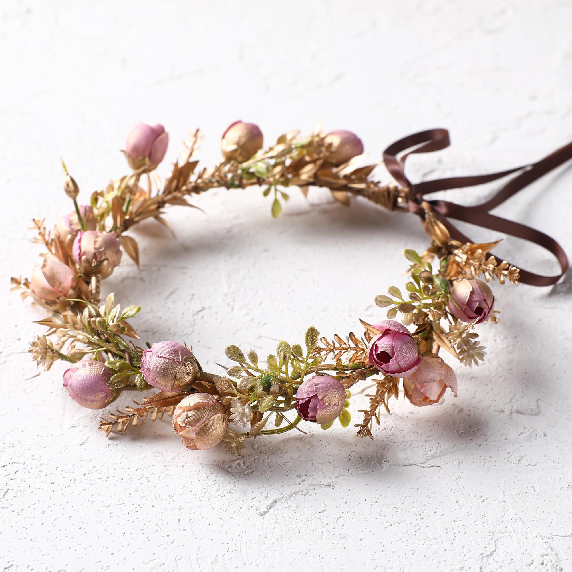 KorViSHOW KorViSHOW Boho Sweet Girl Flower Crown - Golden Leaf Purple Flower Headband for Weeding, Birthday Party, Cosplay, Dress Up, Masquerade