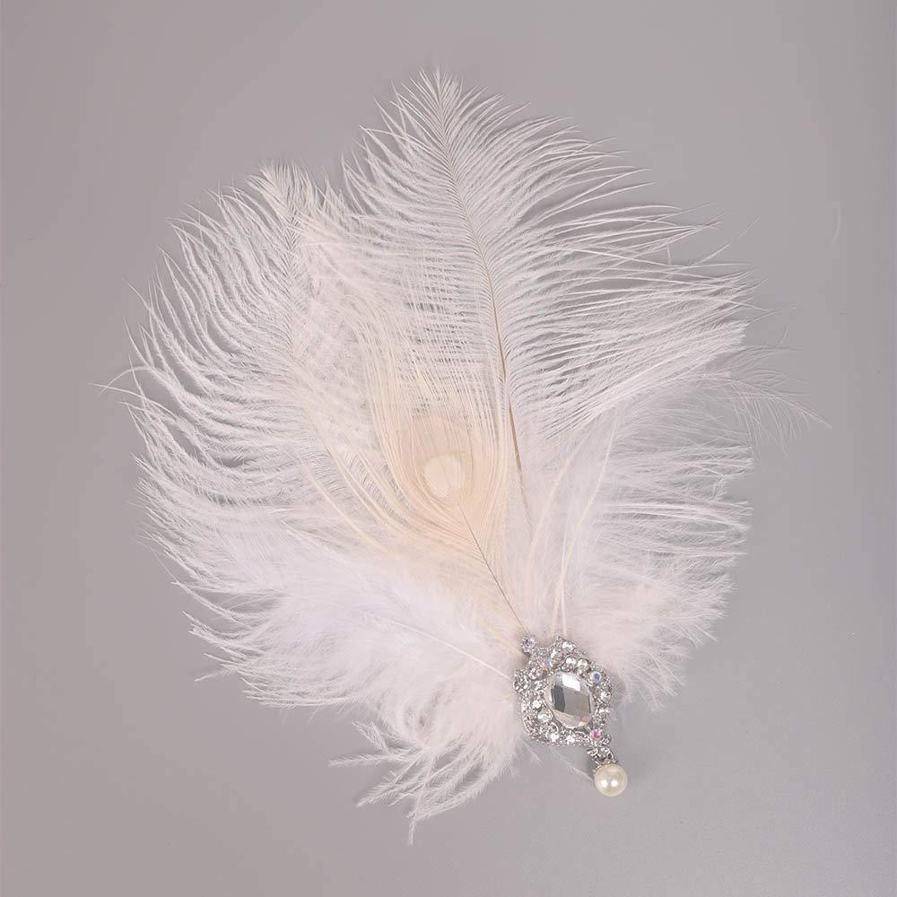 Aimimier Aimimier 1920s Flapper White Feather Headpiece Crystal Pendant Hair Clip Roaring 20s Feather Accessories Masquerade Hair Jewelry for Women