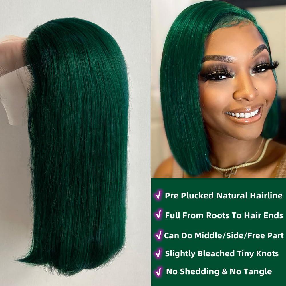 Superfect Superfect Dark Green Lace Front Wigs Human Hair Pre Plucked Bob Wig Human Hair 13x4 Frontal Lace Wig HD Transparent Short Human Hair Wigs for Women (16 Inch, Dark Green)