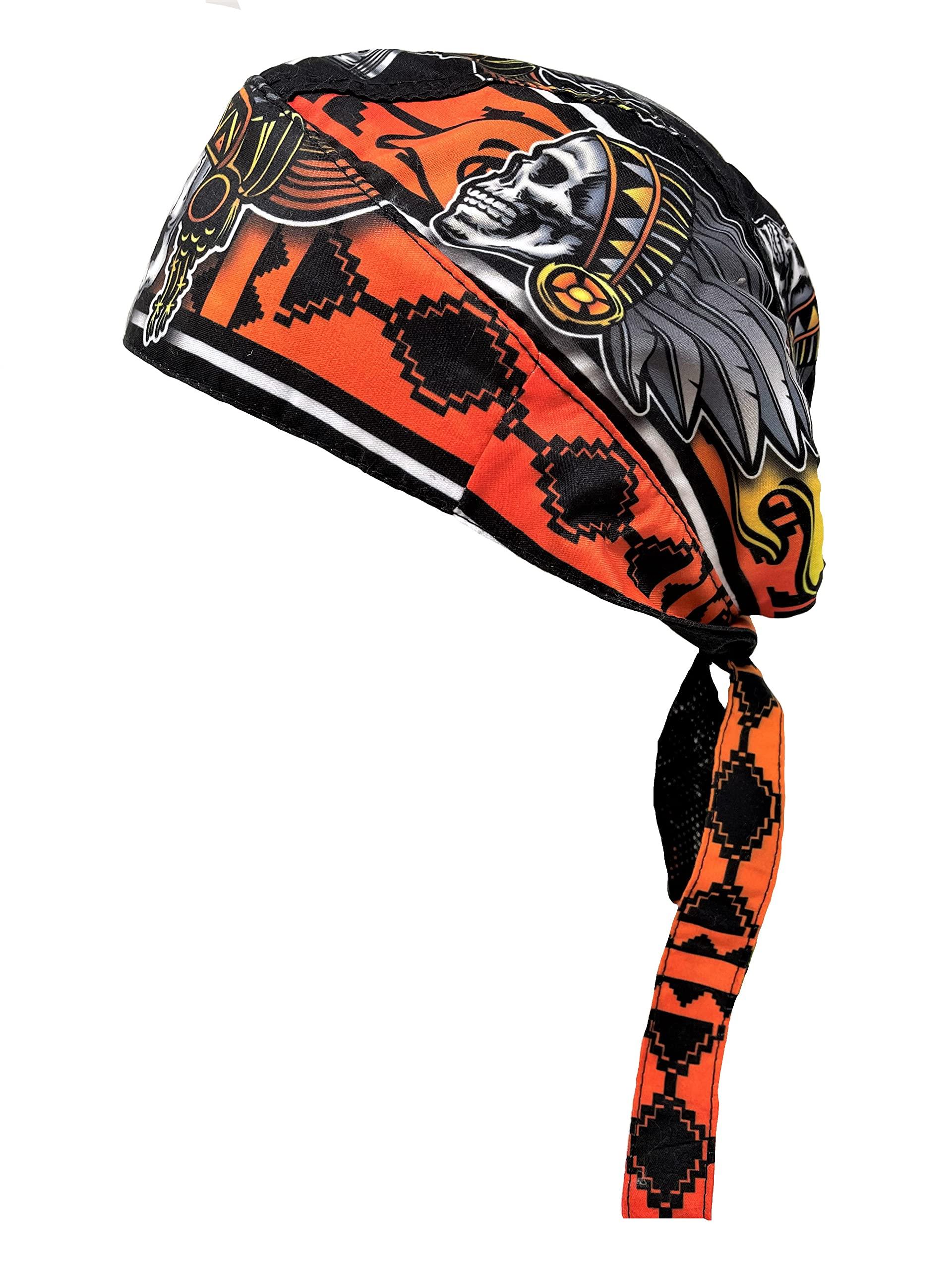 Capsmith Platinum Biker Doo Rag Durag Headwrap Black Orange Yellow Native American Indian Chief Feathers Headdress Sweatband