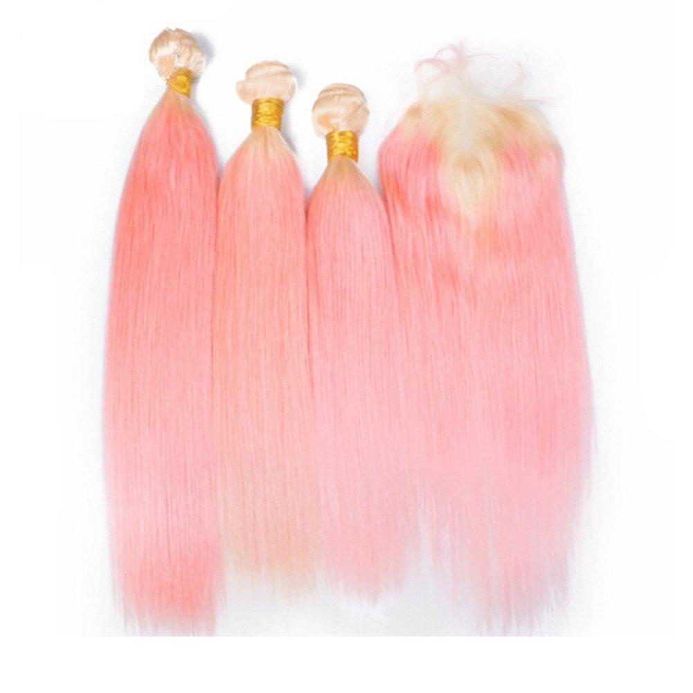Ruma Hair Ruma Hair #613/Pink Dark Roots Ombre Human Hair Extensions With 4x4 Lace Closure 4Pcs Lot Two Tone Blonde and Pink Ombre Virgin Hair Silky Straight 3 Bundles With Top Closure (22 with 24 26 28)