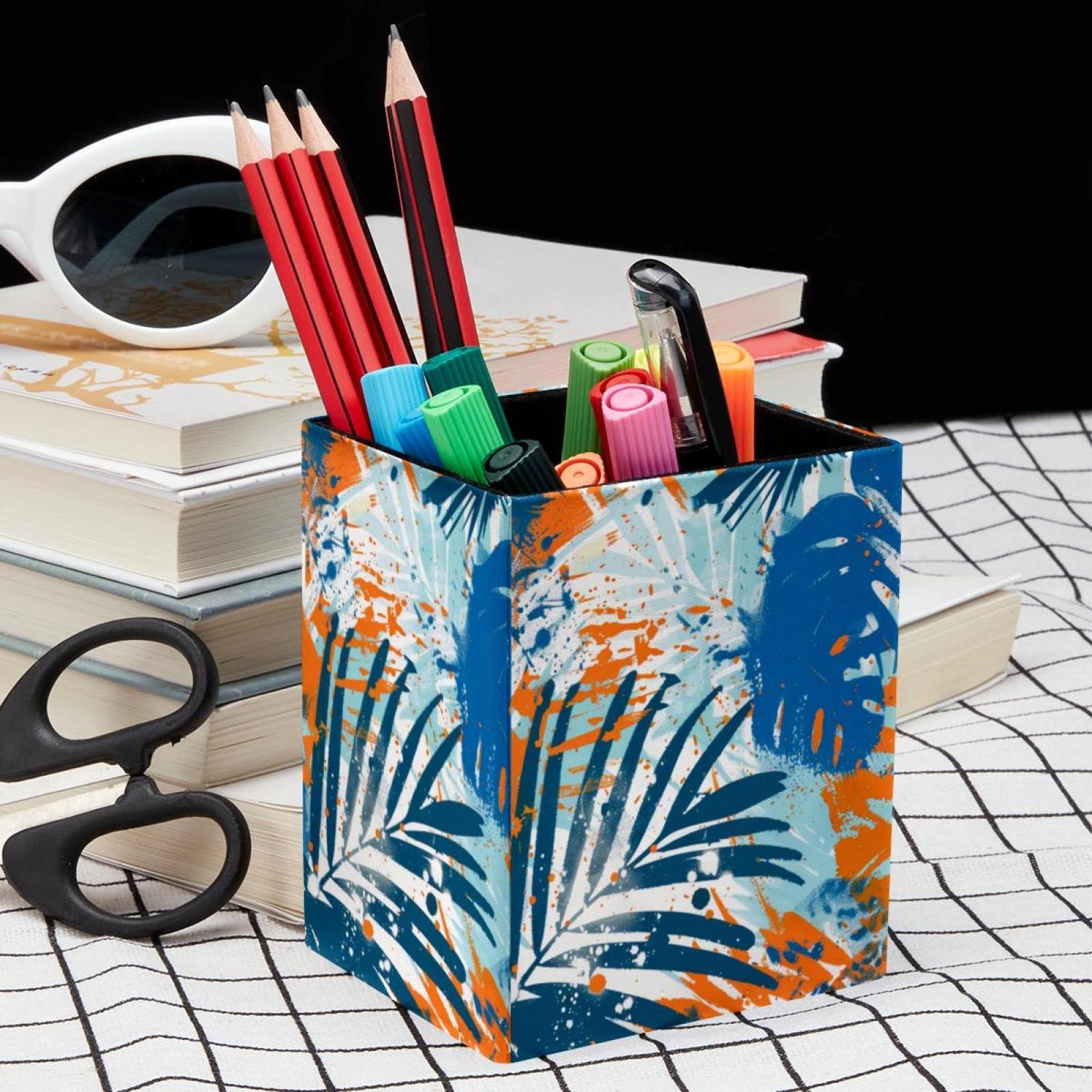 FNETJXF FNETJXF Makeup Brush Holder, Desktop Organizer, Pen Organizer, Orange Blue Tropical Leaves Abstract, Multi-Functional Desktop Organizer