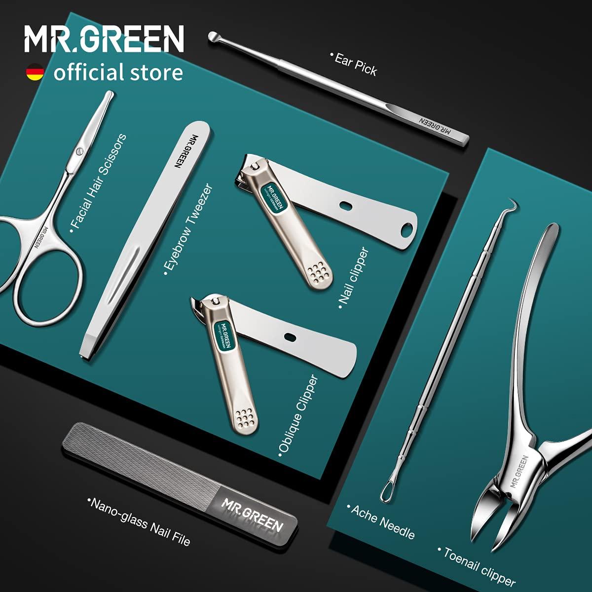 MR.GREEN MR.GREEN Manicure Sets Pedicure Kits Stainless Steel Nail Clipper Personal Care Tools with PU Leather Case (Green)