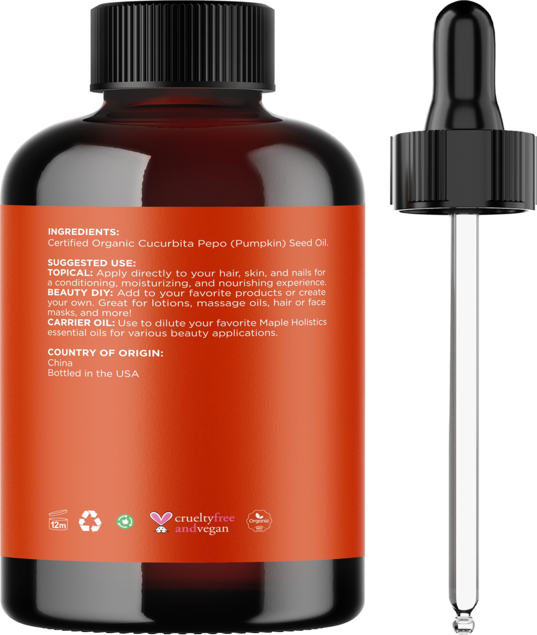 Maple Holistics USDA Organic Pumpkin Seed Oil - 100% Pure Pumpkin Seed Oil for Hair Growth Dry Skin and Anti Aging Face Oil - Organic Hair Oil for Dry Damaged Hair and Growth - Virgin Cold Pressed & Unrefined (4oz)