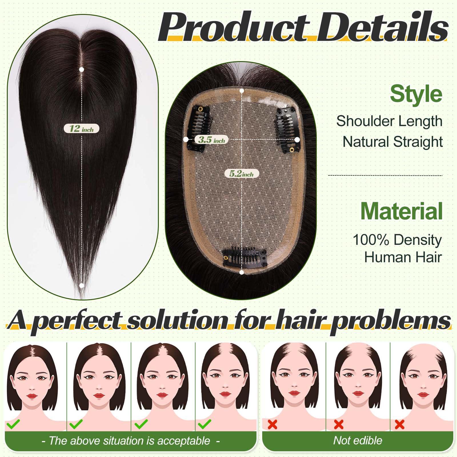starluck starluck Hair Toppers for Women 100% Real Human Hair, 12 Inch Black Brown No Bangs, Pure Hand-Tied Silk Base with 3 Clips in Wiglets Toppers,Human Hair Toppers for Women with Thinning Hair