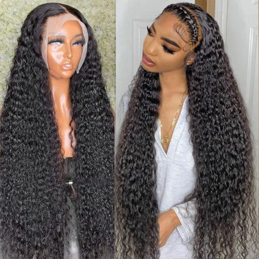 ghotool 250% Density 34 Inch 13x6 HD Transparent Lace Front Human Hair Wigs For Women Mongolian Deep Curly Lace Front Wig Human Hair Pre Plucked Deep Wave Frontal wig Full And Thick (34 Inch, 13x6 Human Hair)