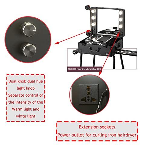 HJXGQJM HJXGQJM Aluminum Trolley Makeup Train Case With LED Lights Professional Cosmetic Organizer Studio With Wheels And Stands Rolling Lighted Makeup Vanity Station For Travel,black cosmetic case