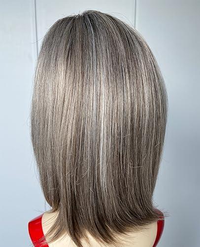 RENERSHOW RENERSHOW Short Ombre Grey Wigs for Women Layered Chin length Gray Bob Wig Mid-length Straight Hair Wig Natural Looking Synthetic Wig