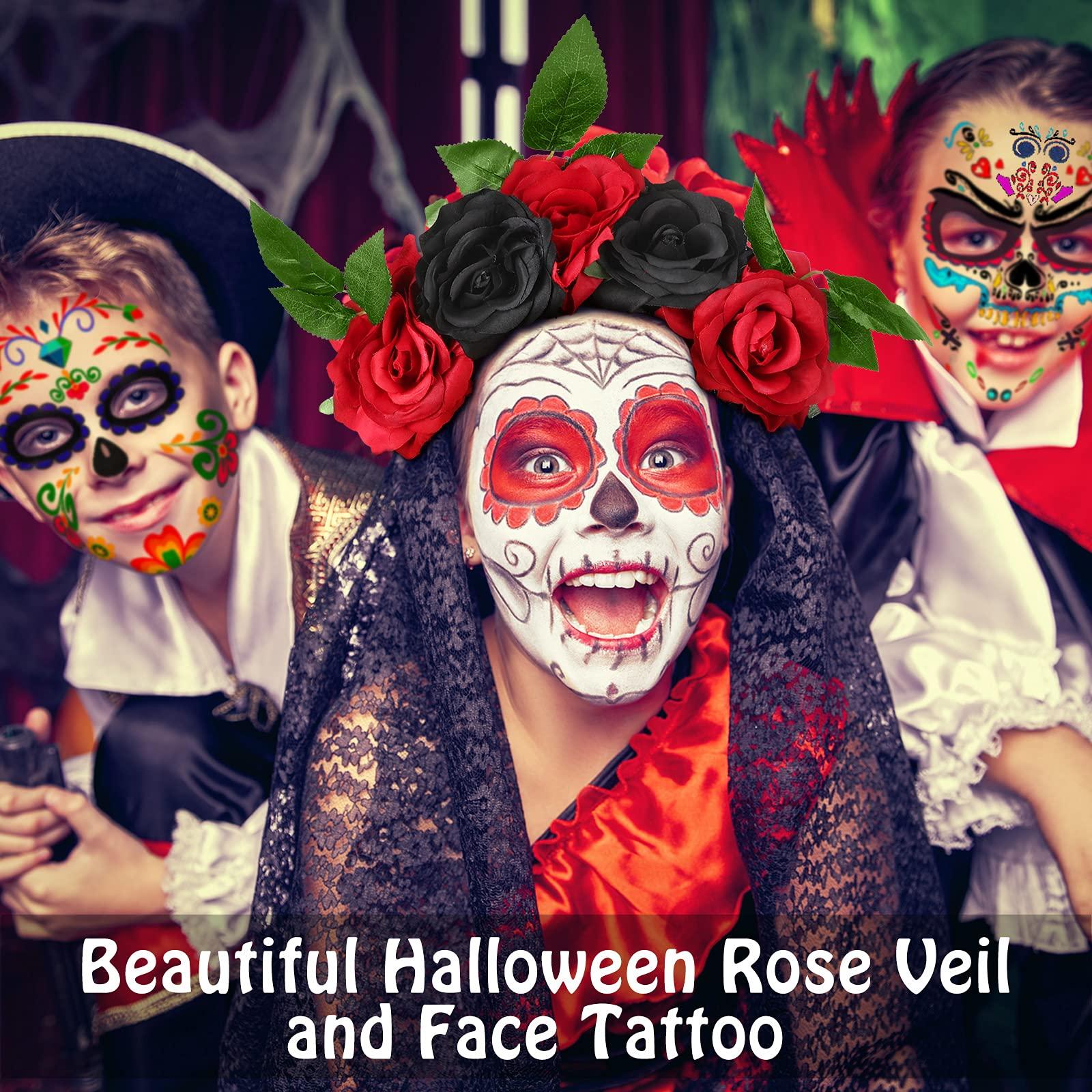 WILLBOND WILLBOND Day of the Dead Headband Halloween Crown Rose Floral Veil Headband Headpiece with 8 Pieces Halloween Temporary Face Tattoos Dead Sugar Skull Tattoos for Costume Party (Red Black,Vivid Style)