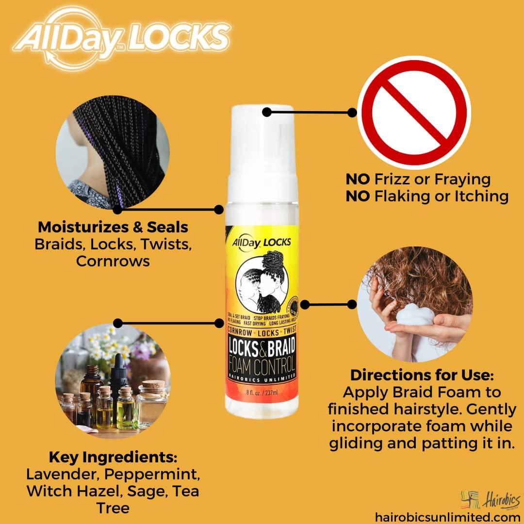 AllDay Locks AllDay Locks Braid Foam | Long Lasting Mousse for Style & Shine | No Frizz or Fraying | Moisturizes & Seals Braids, Locks, Twists, Cornrows | 8 oz, 2-pack