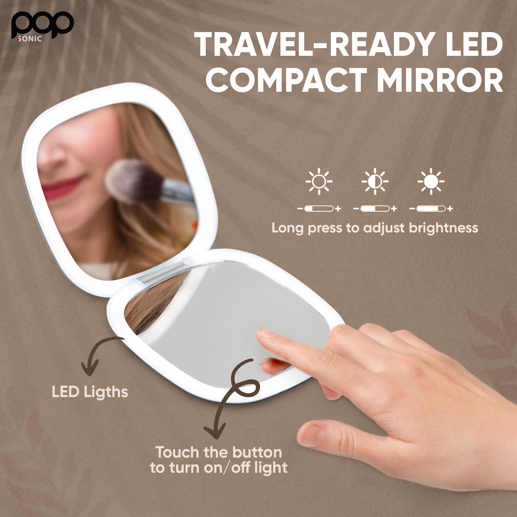 Pop Sonic Square LED Compact Mirror - Adjustable Brightness Light Up Travel Mirror w/ 1x/5x Magnifiers - Portable Makeup Mirror w/Dual-Sided LED Lights (leopard)