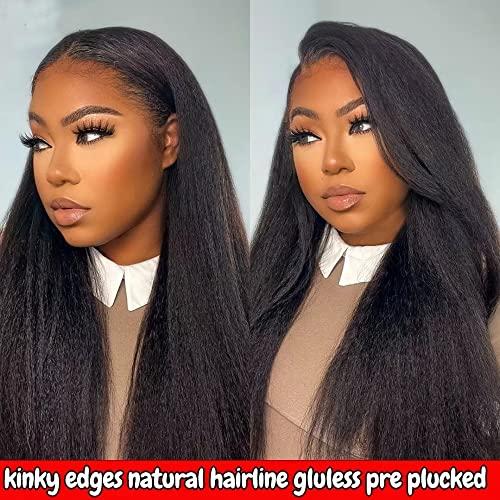 QUINLUX WIGS Curly Baby Hair Kinky Straight Wig 360 HD Invisible Lace Frontal Human Hair Wig Pre Plucked Bleached Knots Kinky Edges Yaki Transparent HD 360 Lace Front Wig Brazilian Full End Glueless Wig 26 inch