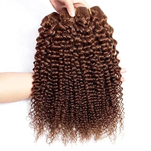 FEEL ME FEEL ME Light Brown Curly Human Hair Bundles Brazilain Deep Curly Hair Weave 3 Bundles Mixed Length (12 14 16) Unprocessed Virgin Human Hair Extension Kinky Curly Bundles Deals Total 300gram