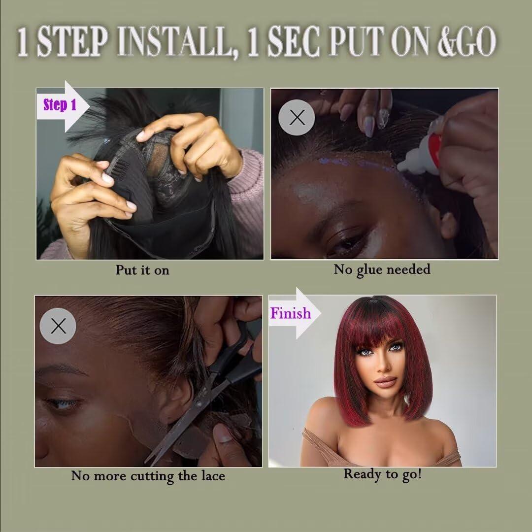 Aliesencia Aliesencia Bob Wig with Bangs Human Hair Wigs 12inch Straight Layered Bob Wigs with Bangs Human Hair 1B/99J# Highlight Glueless 2.5x1inch Lace Human Hair Wigs for Black Women(2378 1B/99J# 12inch)