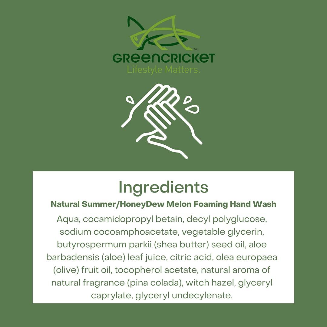 Green Cricket All Natural Foaming Hand Soap HoneyDew Melon | Biodegradable Formula, Paraben/Cruelty Free & Vegan Friendly Nourishing Hand Wash Dispenser Bottle 300ml/10 Oz | Canada Made