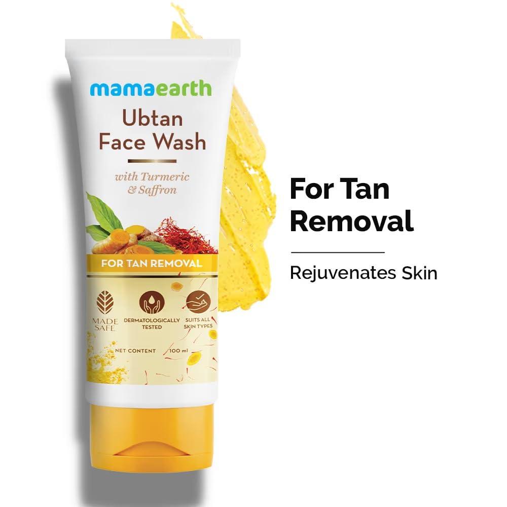 MAMAEARTH Mamaearth Ubtan De Tan Face Wash | Helps Reduce Tanning & Sun Damage | Gently Cleanses Dirt & Excess Oil | Enriched with Turmeric & Saffron | 3.38 Fl Oz (100ml)