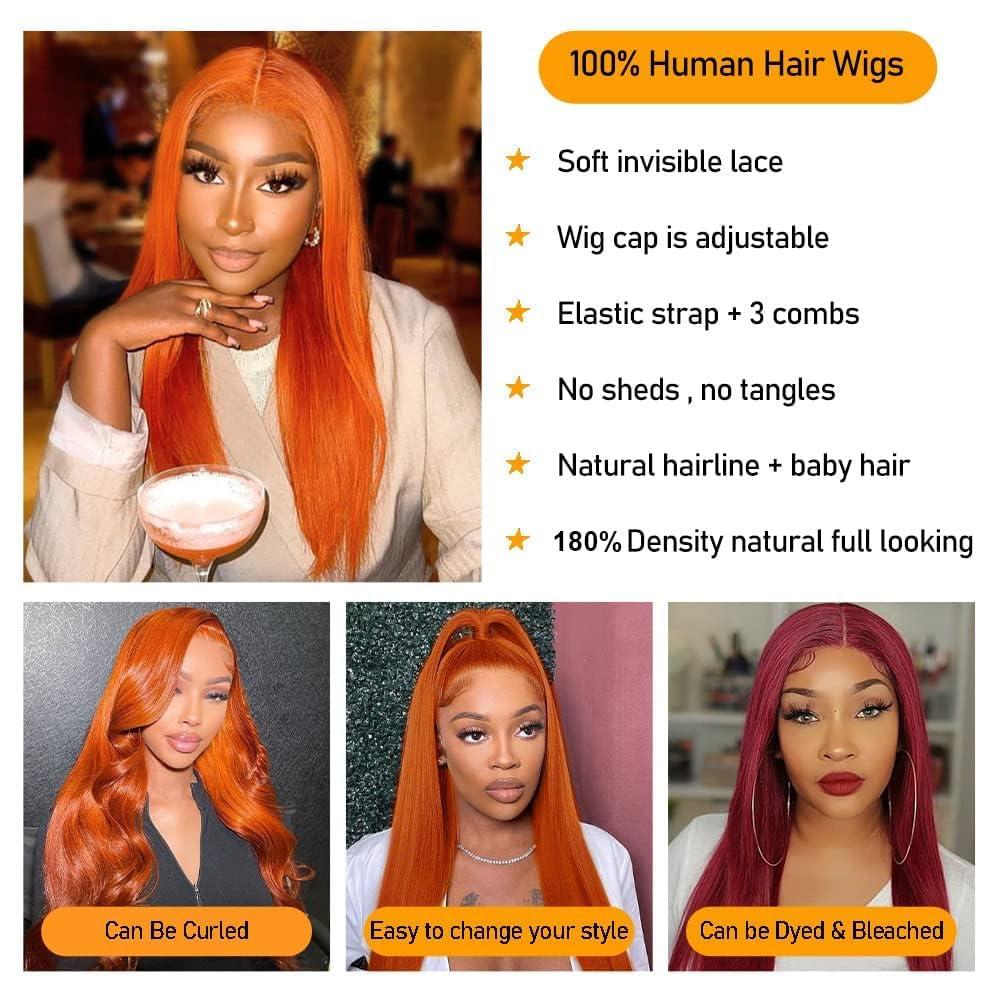 tunfine tunfine 28 Inch 13x6 Ginger Lace Front Wigs Human Hair,180 Density Straight HD Lace Frontal Wigs Human Hair, Glueless Wigs Human Hair Pre Plucked Bleached Knot