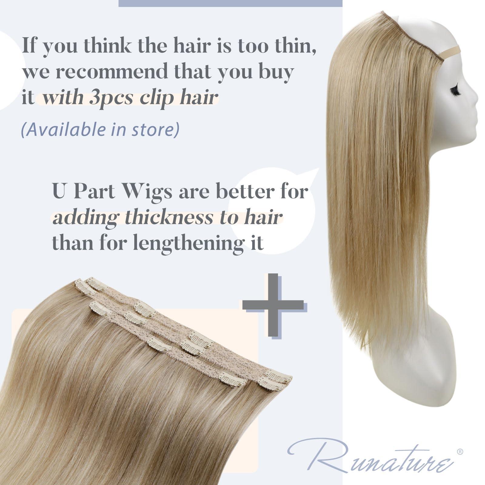 RUNATURE RUNATURE Glueless U Part Wig 14 Inch U Part Human Hair Wig Dark Ash Blonde with Light Blonde U Wigs 150% Density Upgrade U Shape Hair Wig with Middle Cap Thick Remy Hair