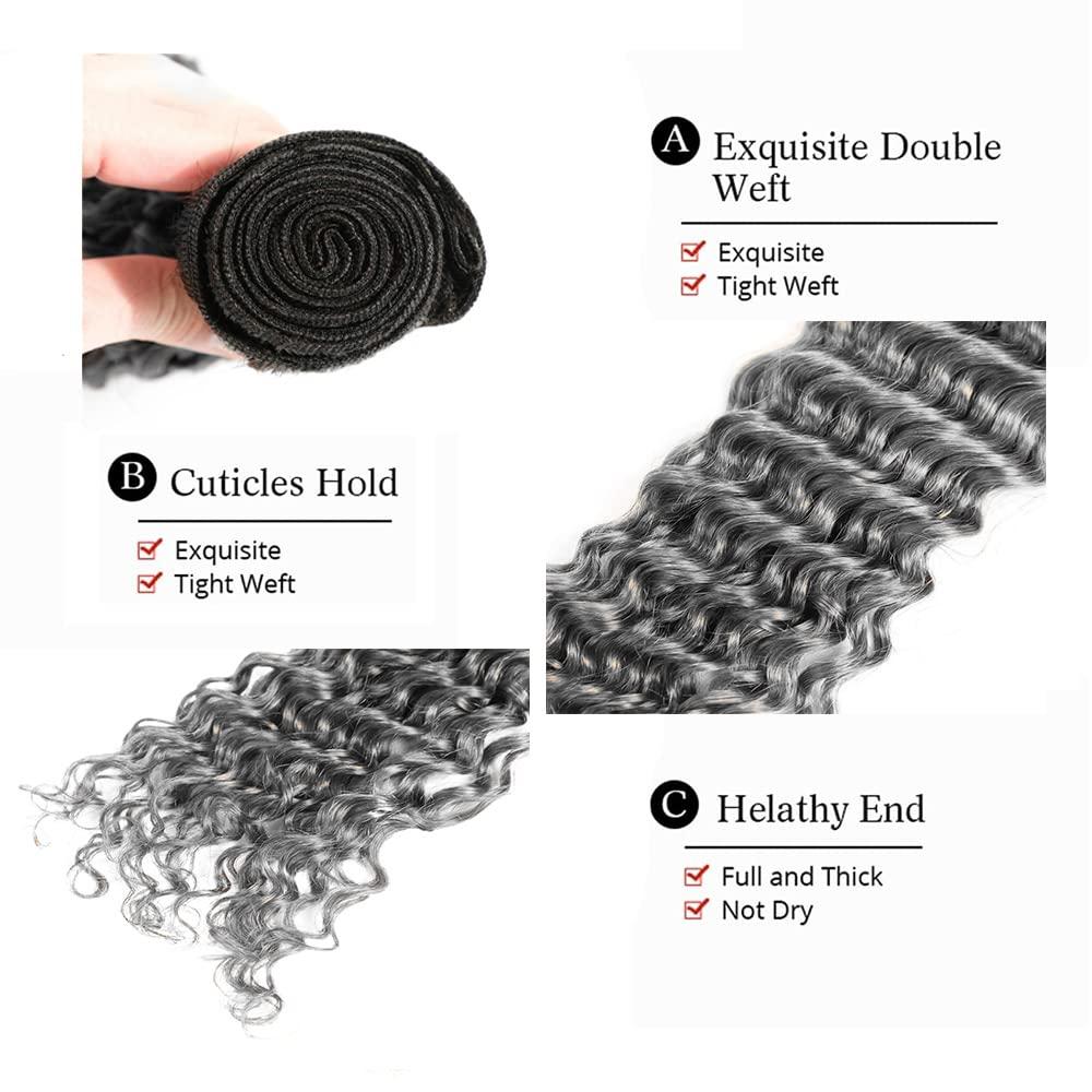 Freiuoke Grey Bundles Human Hair Silver Grey Deep Wave Human Hair Bundles 20 22 24 Inch Brazilian Unprocessed Virgin Hair 3 Bundles Two Tone Black and Grey Bundles Grey Deep Wave Bundles