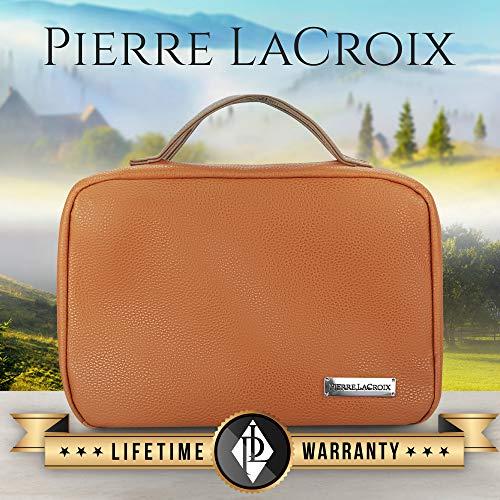 Pierre LaCroix Hanging Travel Toiletry Bag for Women and Men (100% Leak Proof & Doubles as a Cosmetic/Makeup Bag) | Large (34”x11”) | Clear Pockets | Detachable Compartment | Cruelty-Free Leather | (Brown)