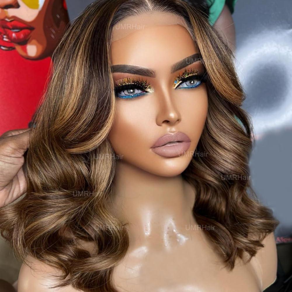 UMRHair Highlight Ombre Wave Bob 13X6 Lace Front Wig for Women Human Hair Brown Honey Blonde P3/27 Short Cut Loose Wave Brazilian Glueless Lace Front Wigs with Baby Hair Preplucked 16inch 180Density