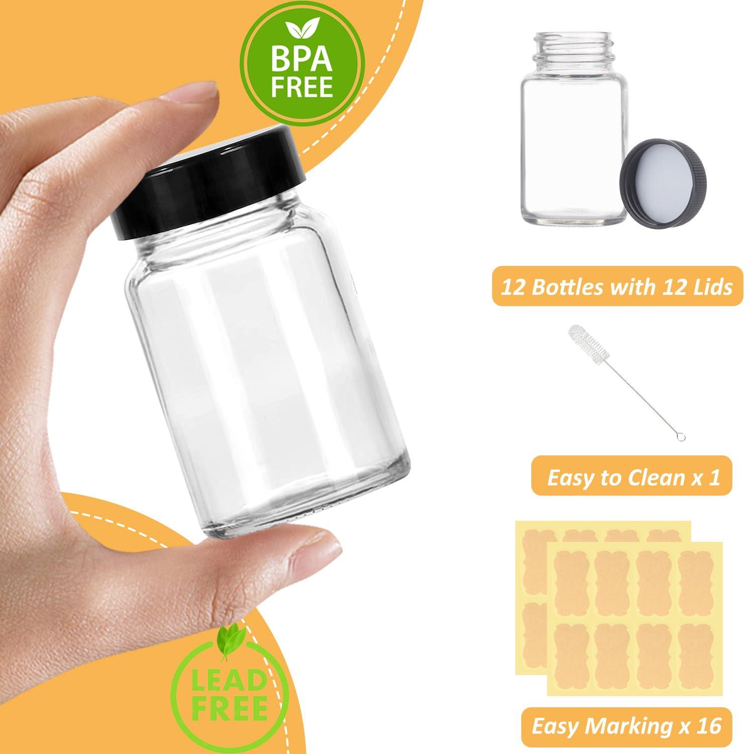 LANBEAUTIFY 2 oz Small Clear Glass Bottles with Lids - 12 Pcs Wide Mouth Shot Bottles with Caps for Ginger Shots, Juice, Potion, Liquids, Whiskey - Mini Travel Bottles with Funnels, Stickers (12PCS-Clear)