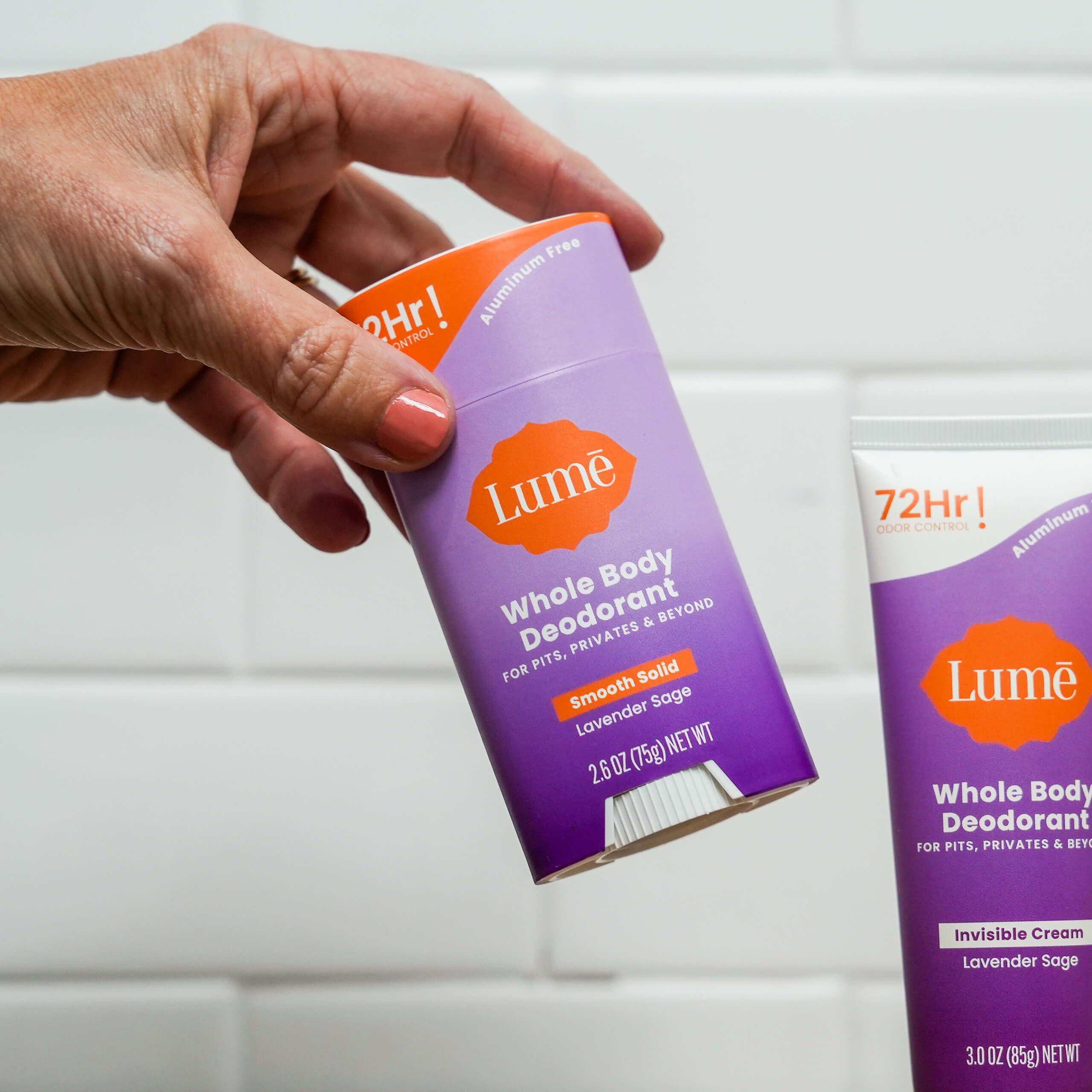 Lume Lume Skin Care Gift Set for Women, Whole Body Deodorant Starter Pack - Smooth Solid Stick, Invisible Cream Tube, Acidified Body Wash Mini & Deodorant Wipes - Aluminum Free Odor Control (Lavender Sage)