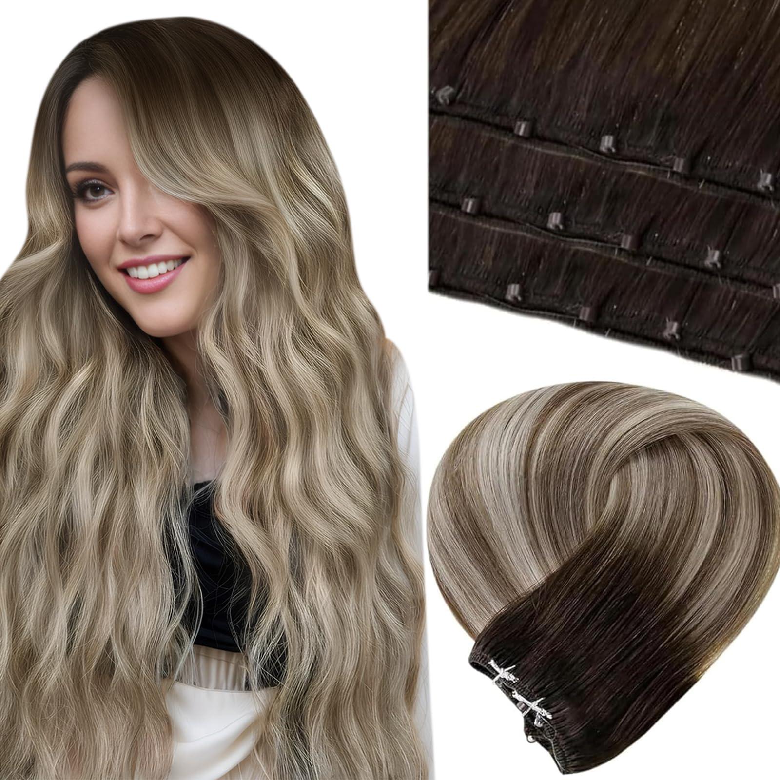 LAAVOO LaaVoo Beaded Weft Hair Extensions Human Hair Microbead Extensions Ombre Micro Beads Weft Human Hair Extensions Brown to Light Brown Mix Blonde Beaded Weft Extensions Human Hair 50G 18 Inch