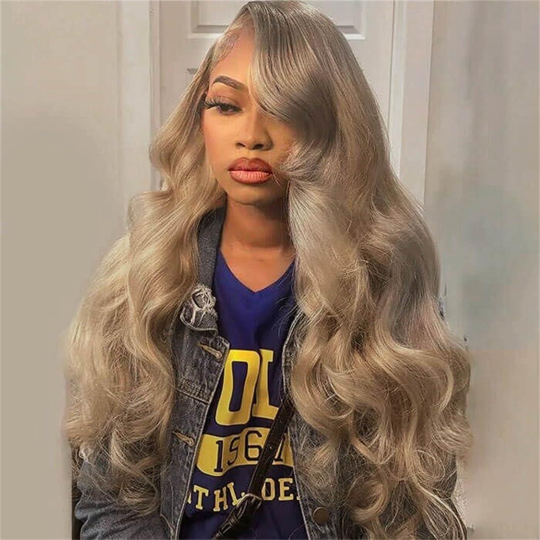 Rina Rina 200% Density Milk Tea Ash Blonde Lace Front Wig Human Hair Upgrades Body Wave Platinum Grey Balayage Lace Front Wig More Full and Thicker 13x4 HD Invisible Frontal Wig for Women 18 Inch