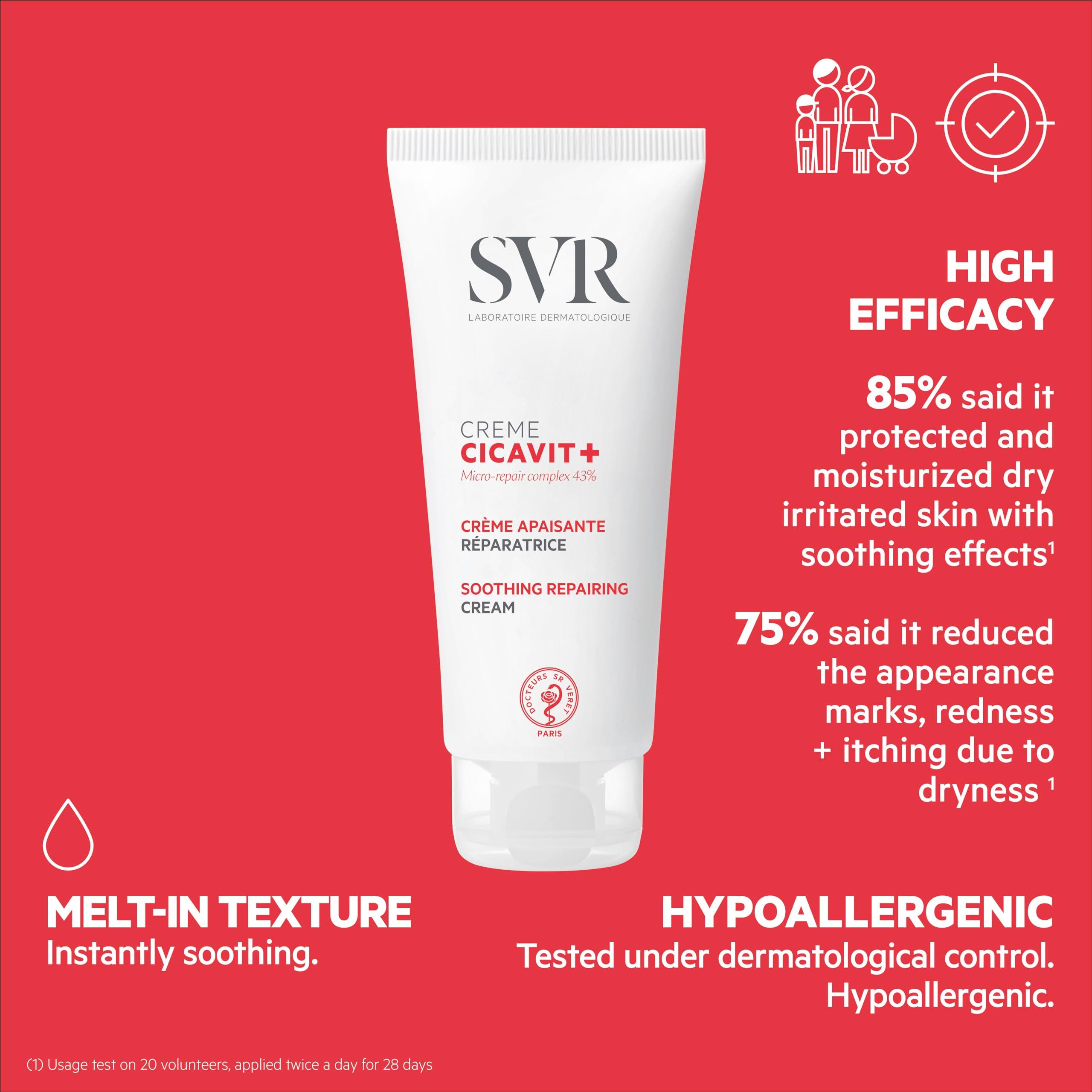 SVR SVR Cicavit+ Face & Body Cream With Shea butter, Prebiotic & Glycerin. Moisturizer to Reduce the appearance of Burns, Scars & Intensely Nourish to Relieve Irritation due to Dryness, 3.3 fl.oz