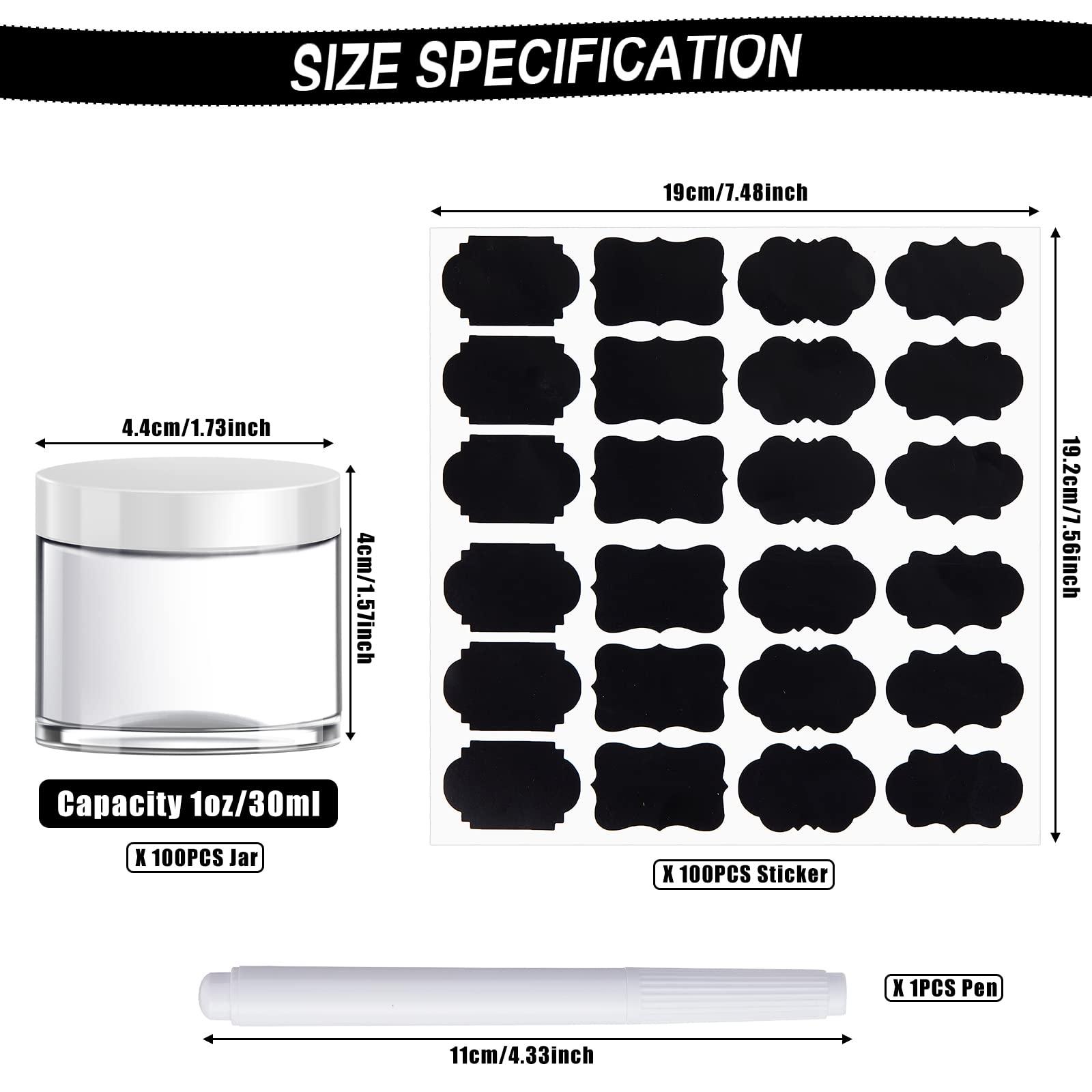 Potchen Potchen 100 Set Plastic Jars Makeup Travel Makeup Container with Lids Slime Storage Containers for Creams Toiletries Small Containers with Lids Chalkboard Label Stickers Marker (White, 1 oz)