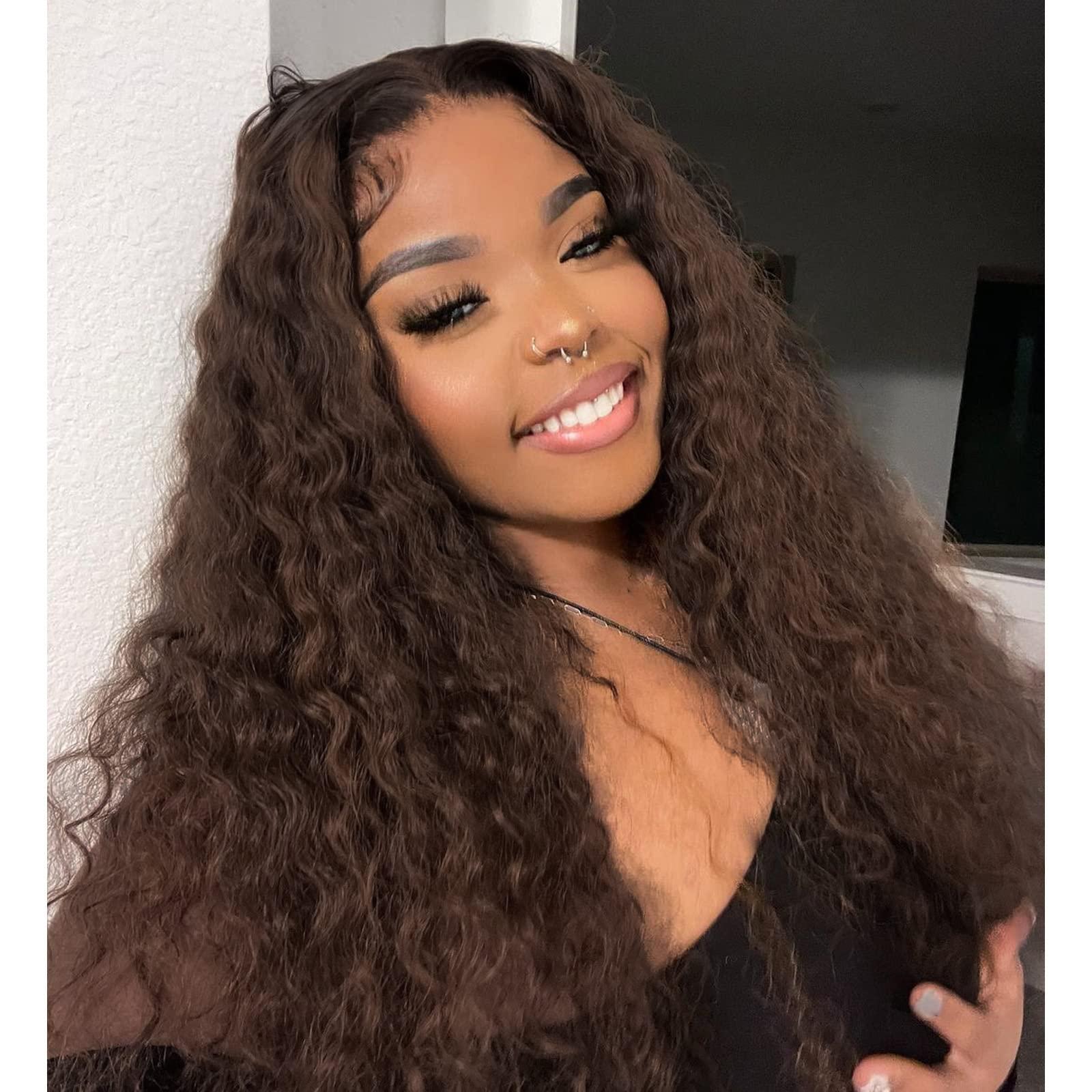 Matthia Long Curly Wig V Part Wigs Synthetic Half Wigs for Black Women, Glueless Wigs Chocolate Brown Deep Wave V Part Wig No Leave Out Thin Part Wig U Part Wigs for Women Clip in Extensions