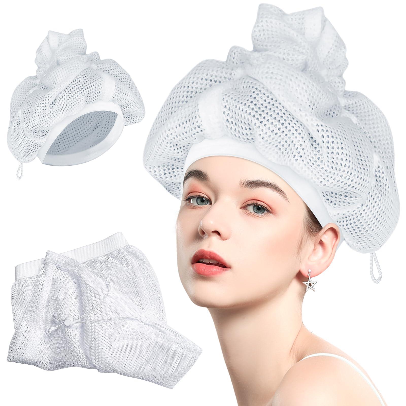 Melivs Net Plopping Cap for Drying Curly Hair, Upgraded Net Plopping Cap for Drying Hair Plopping Net with Adjustable Strap Reusable Diffuser Cap for Curly Hair Net Plopping Satin Diffuser Cap, White