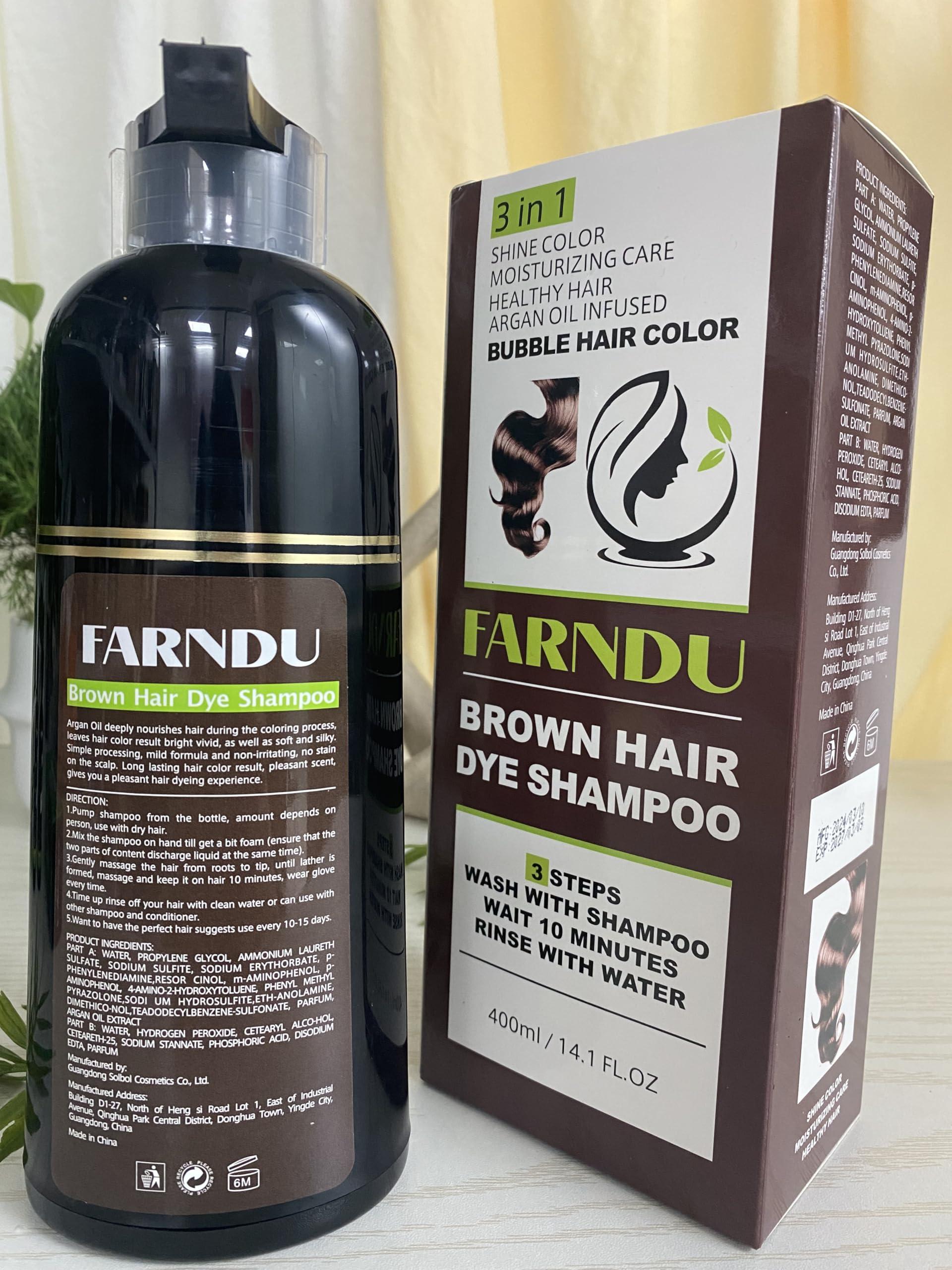 Farndu Brown Hair Dye Shampoo for Women Men, 100% Gray Hair Coverage, Natural Herbal Ingredients
