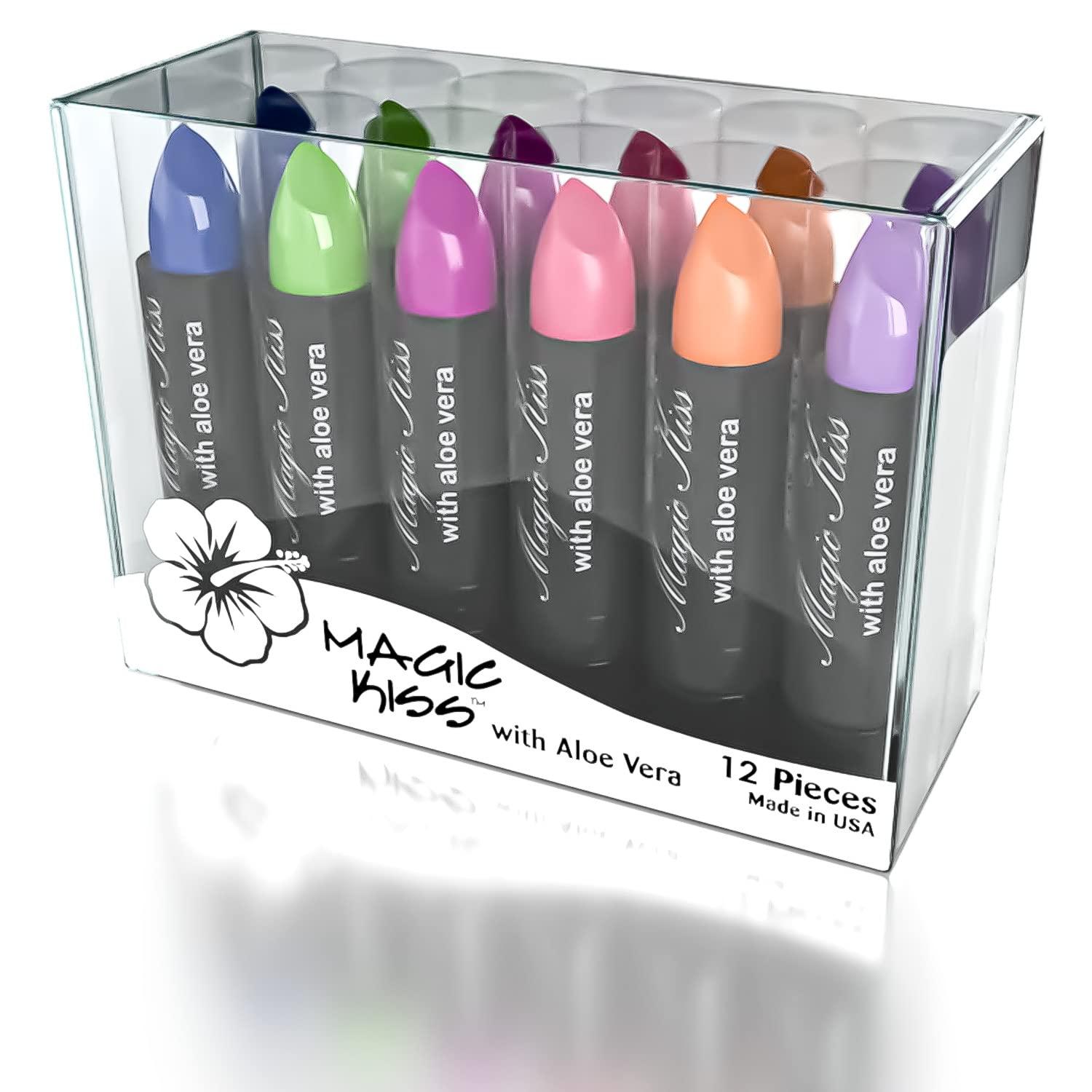 Magic Kiss Magic Kiss Pack of 12 Color Changing Aloe Vera Lipstick Set Made in USA (Colors of Aloha 01)