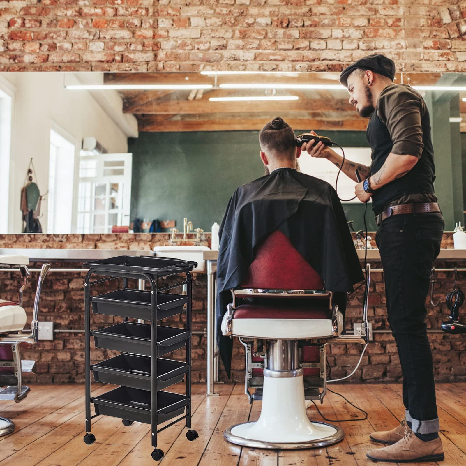 QQXX 4/5 Tier Beauty Salon Rolling Trolley Cart,Hair Salon Trolley Cart with Lockable Wheels,Stylist Hairdresser Storage Tool Carts for Office Home,Classic Salon Rolling Storage Trolley(5 Tiers, Black)