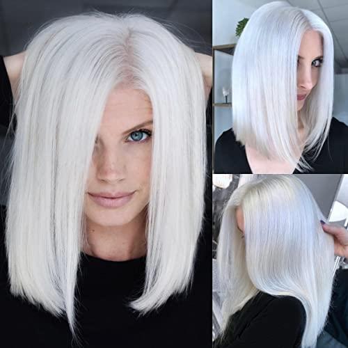 21AE 21AE REAL SKINLIKE 13x4 HD Transparent Lace Frontal 8 Inch Silky Straight Short Bob White Platinum Blonde Lace Front Wigs Human Hair Pre Plucked Bleached Knots Glueless Wigs for White Women