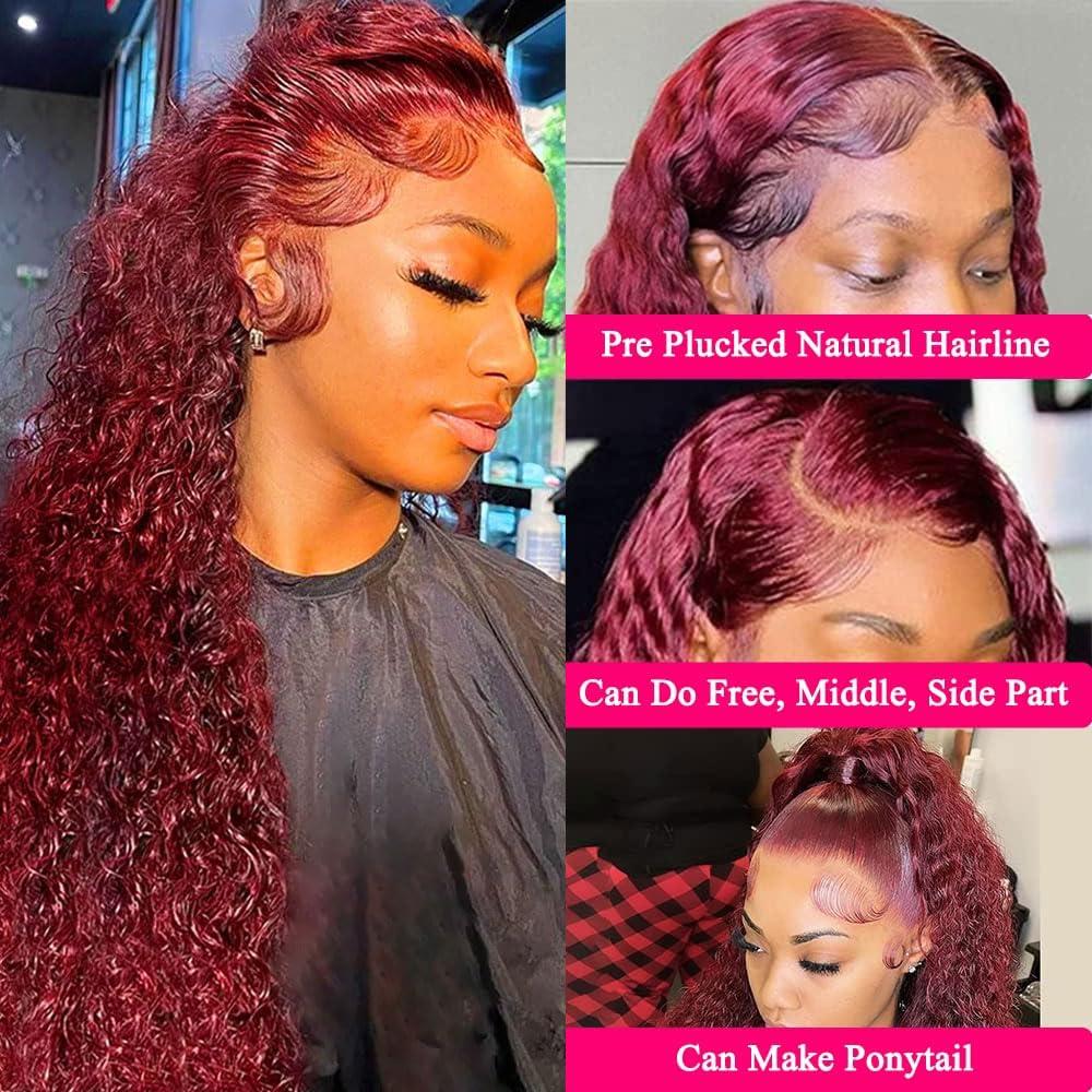 Jolanly 28 Inch Deep Wave Curly 99J Burgundy Lace Front Wigs Human Hair Red Colored Human Hair Wig For Black Women13x4 Curly Transparent Lace Front Wig Pre Plucked