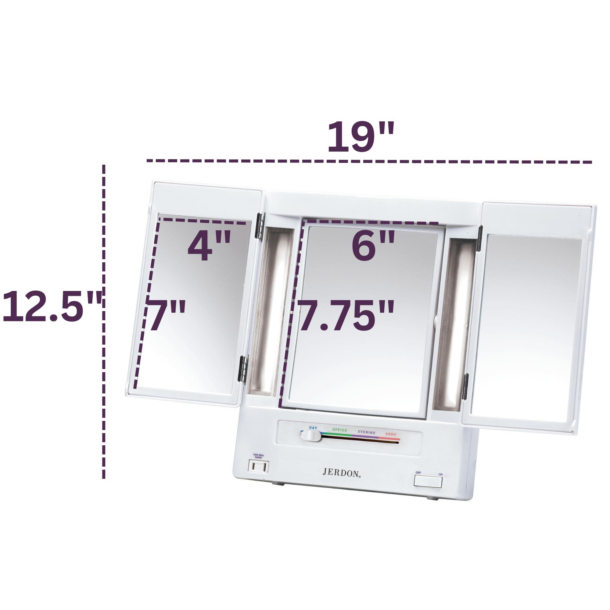 Jerdon JERDON Tri-Fold Two-Sided Makeup Mirror with Lights - Vanity Mirror with 5X-1X Magnification & Multiple Light Settings - White - Model JGL9W