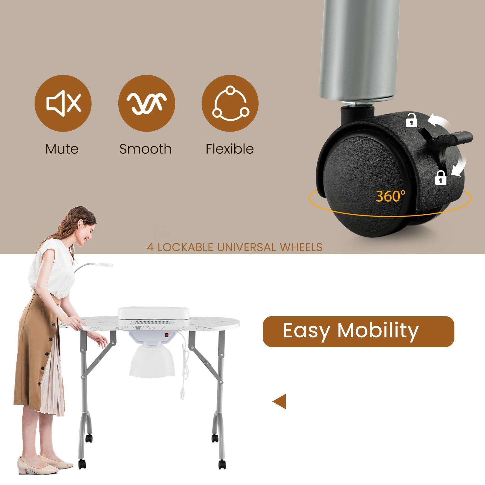 WELLHUT WELLHUT Nail Table All-in-One Manicure Desk w/Electric Dust Collector, LED Nail Lamp, Carry Bag & Wrist Cushion, Mobile Nail Desks w/Universal Mute Wheels for Manicurists Home Spa Beauty Salon