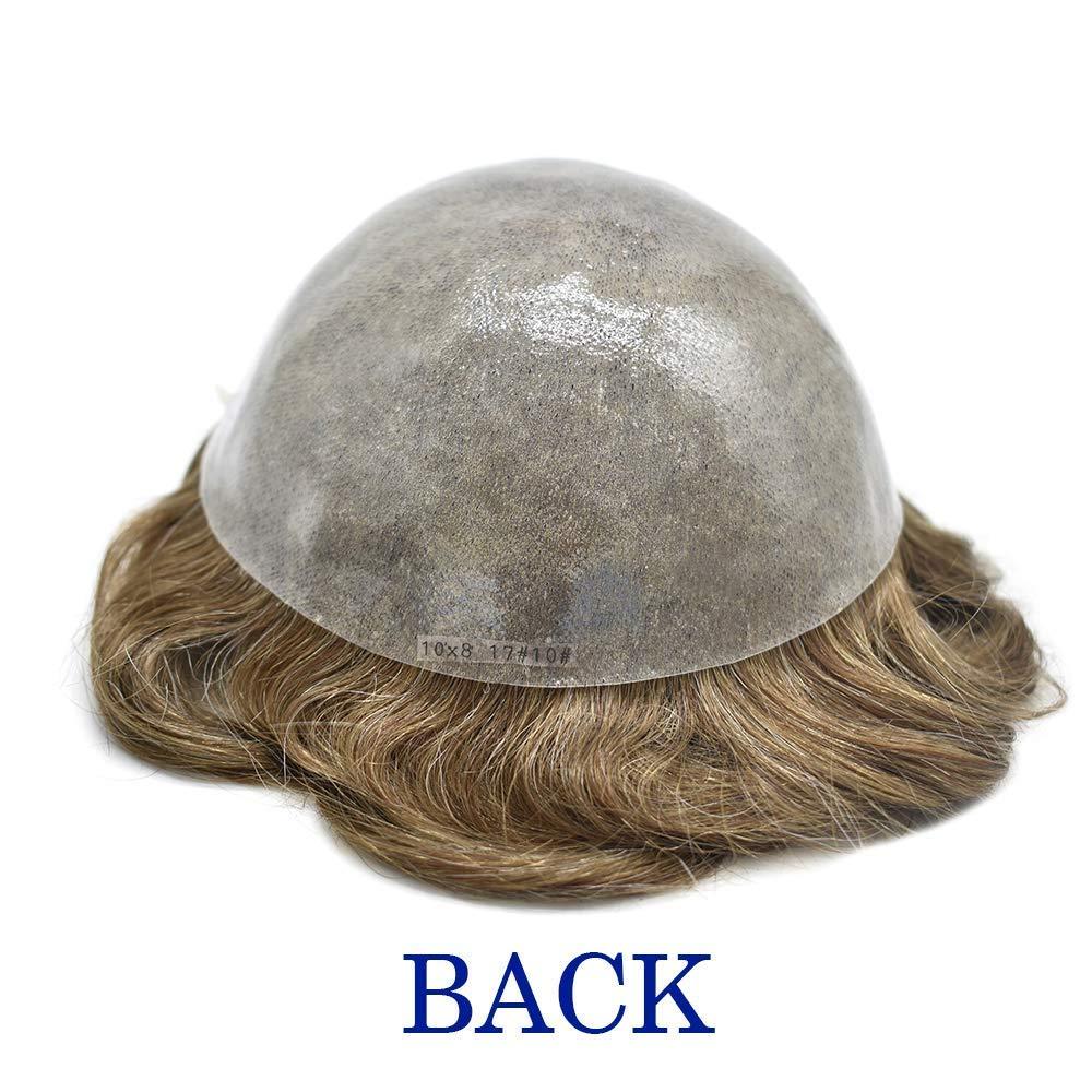 LHC French Lace Front Mens Mens Toupee Hairpiece Gray Hair Replacement Bleached Knot Wigs Poly Thin Skin Hair System For Men (8"x10", #760 Very Light Brown+60%Gray-120% Light to Medium)