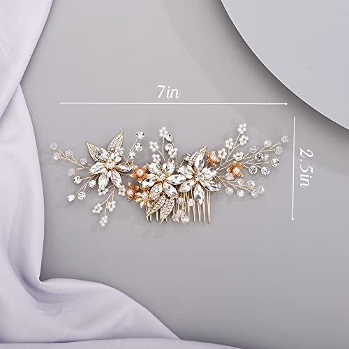 Chargances Chargances Wedding Crystal Flower Hair Comb for Women Bridal Pearl Beaded Hair Side Comb Fashion Leaf Flower Hair Vine Comb Rhinesotne Headpieces Bride Wedding Prom Flower Girl Hair Accessories