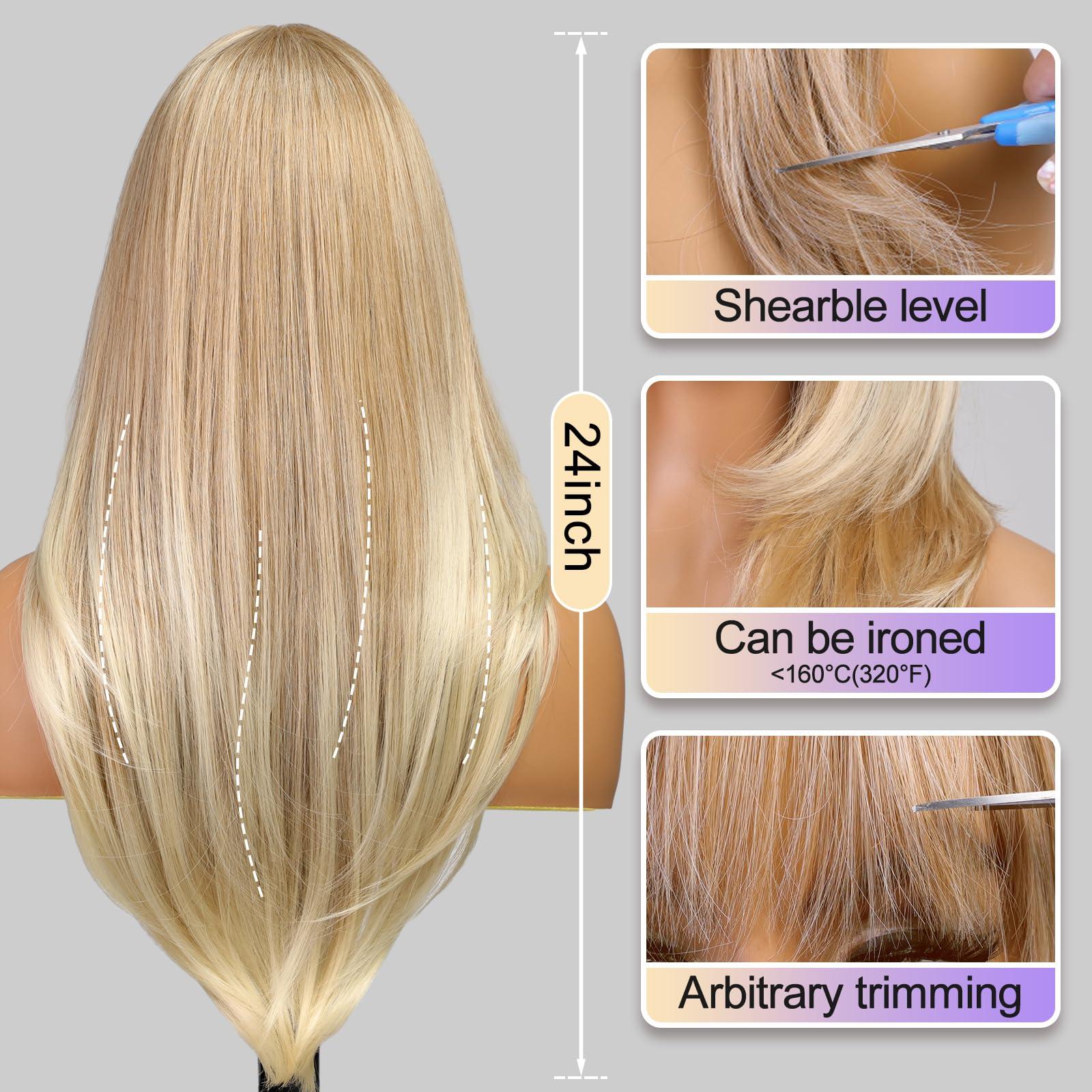 KOME KOME Blonde Highlight Long Layered Wig with Bangs,Straight Hair Wigs for Women,Synthetic Heat Resistant Natural Looking Hair Wig for Party Cosplay Dality Use